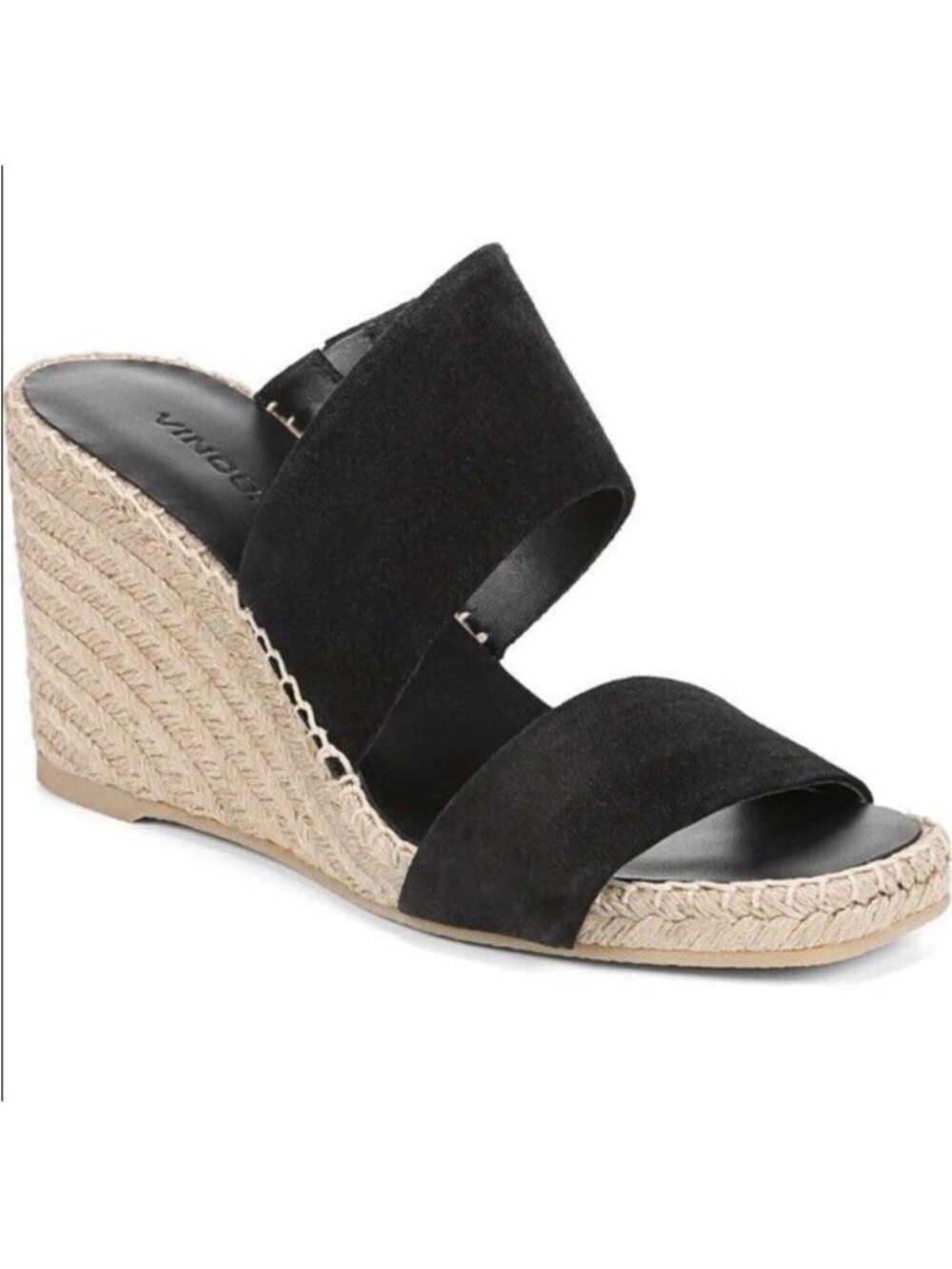 VINCE GARLIN
ESPADRILLE SUEDE WEDGE SANDAL BLACK STRAPPY 8.5